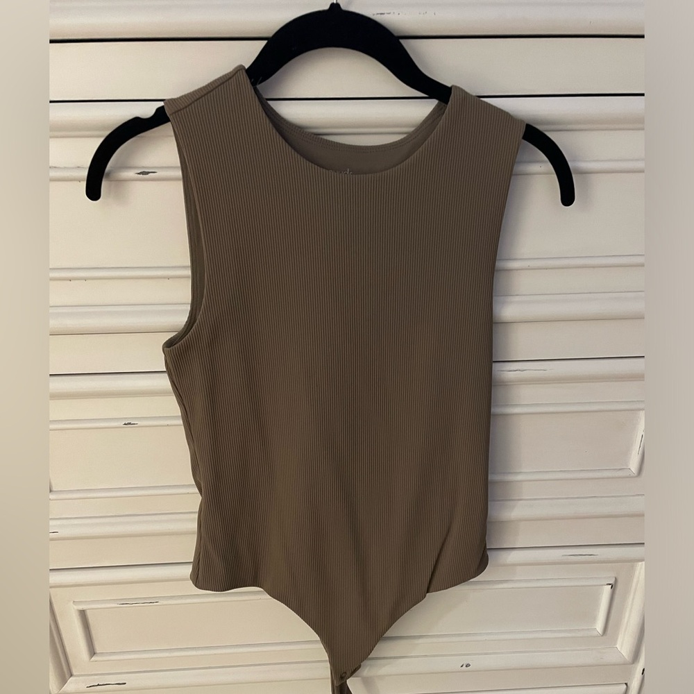 Nuuds Ribbed Crew Neck Tank Bodysuit in Mocha - Small